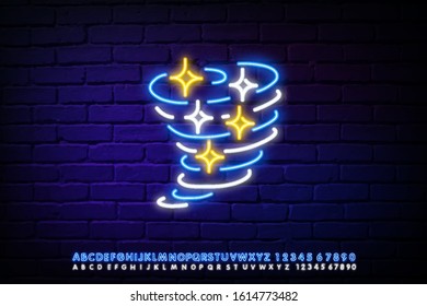 Laser stream through fire funnel light neon effect. Vector glowing swirling cold vortex cylinder of shining stardust sparkles on transparent background. Glittering flashes of magical illumination