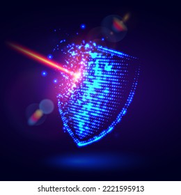 Laser strike digital shield. Damaged protective shield. Breach of defense. Attack on the security system. Protect security and safety. Antivirus cyber protection concept.