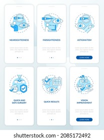 Laser surgery blue onboarding mobile app page screen set. Operation walkthrough 6 steps graphic instructions with concepts. UI, UX, GUI vector template with linear color illustrations