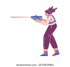 In: Laser Tag Adventure. Vektorillustration einer Frau, die eine Laserweste trägt und eine Laserpistole hält, bereit, in einem Überlebensspiel zu kämpfen. Illustration im flachen Design-Stil auf isoliertem Hintergrund.