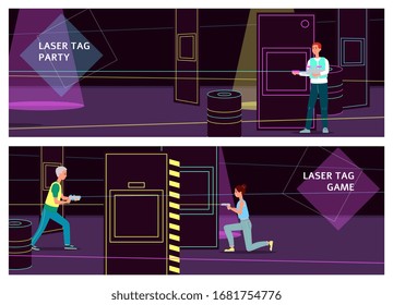 Laser tag banner or background set with team of people cartoon characters fighting using laser ray weapon, flat vector illustration. Sportive entertainment game activity.