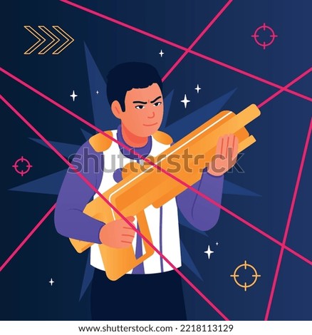 Laser tag concept. Man having fun with blaster, games and entertainment place. Poster or banner for website. Active hobby and leisure. Fantasy and imagination. Cartoon flat vector illustration