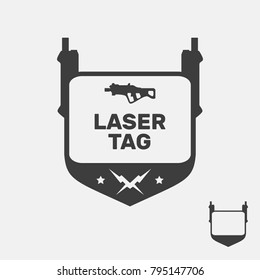 Laser tag flat logo, icon flat for graphic design, silhouette of weapon, shield, field for text, black, white, gray
