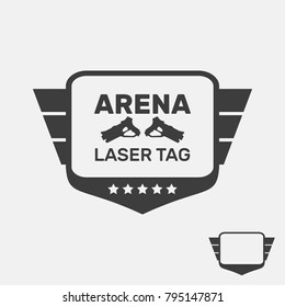 Laser tag flat logo, icon flat for graphic design, silhouette of weapon, shield, field for text, black, white, gray