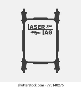 Laser tag flat logo, icon flat for graphic design, silhouette of weapon, shield, field for text, black, white, gray