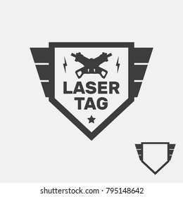 Laser tag flat logo, icon flat for graphic design, silhouette of weapon, shield, field for text, black, white, gray