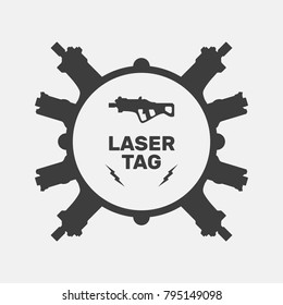 Laser tag flat logo, icon flat for graphic design, silhouette of weapon, shield, field for text, black, white, gray