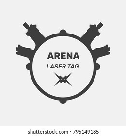 Laser tag flat logo, icon flat for graphic design, silhouette of weapon, shield, field for text, black, white, gray