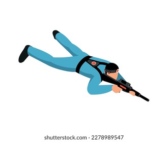 Laser tag game player lying on floor and aiming weapon at target 3d isometric vector illustration