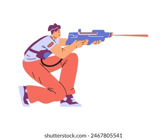 Laser tag game. Vector illustration of a young man with a laser gun ready to shoot in a survival game. Game process design with a character in Flat style on an isolated background.