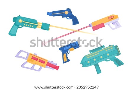 Laser tag guns set. Equipment for virtual shooting and aiming. Entertainment and fun. Pistol and shotgun with laser. Cartoon flat vector collection isolated on white background
