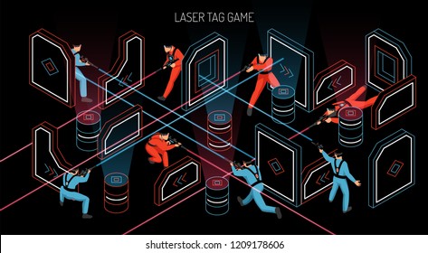Laser tag indoor outdoor team game horizontal isometric composition with players firing infrared sensitive targets vector illustration