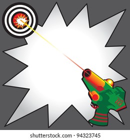Laser Tag Party Invitation with colorful laser gun blasting a laser beam at a bulls eye target.  Comic Book inspired star burst to write your info