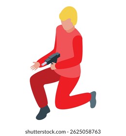 Jugador de la etiqueta del laser en uniforme rojo que se arrodilla y que apunta con el arma del laser durante juego