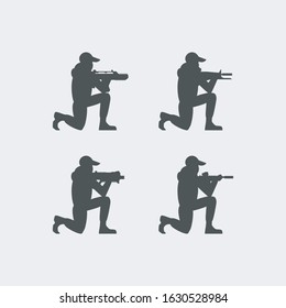 Laser tag player sitting, set with different weapons, vector illustration, flat silhouette
