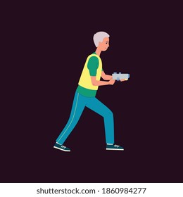 Laser tag player walking with pistol gun and smiling - cartoon man in playing equipment holding toy weapon. Flat vector illustration isolated on dark background.