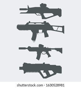Laser tag real weapon set, game rifles, machine gun, blaster, flat silhouette, vector illustration
