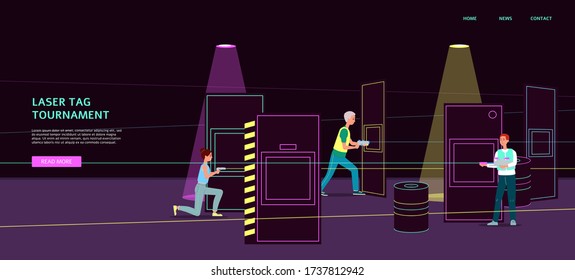 Laser tag tournament banner with cartoon people walking in dark room interior with light ray guns and safety equipment. Player team with weapons - flat vector illustration.