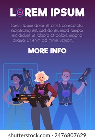 Laser tag. Vector illustration of characters of different genders with laser weapons for an advertising poster. Exciting game design with space for text, flat style.