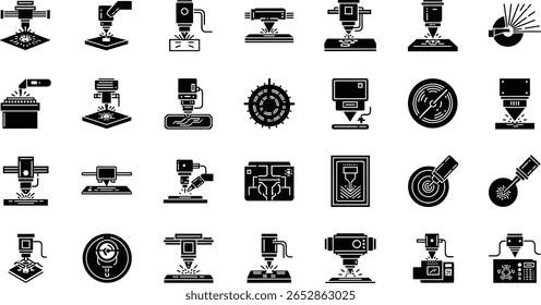 Tecnologia a laser e conjunto de ícone de processamento incluindo corte, gravação, soldagem, marcação e pictogramas de componentes de máquina. Aplicações de controle de feixe industrial de precisão 