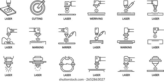 Tecnologia a laser e conjunto de ícone de processamento incluindo corte, gravação, soldagem, marcação e pictogramas de componentes de máquina. Aplicações de controle de feixe industrial de precisão 