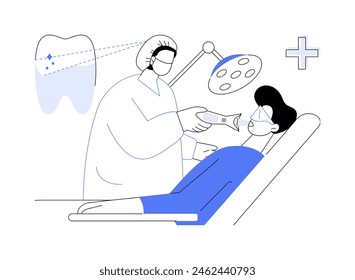 Laser teeth whitening abstract concept vector illustration. Patient with open cavity has laser teeth whitening procedure, oral medicine, dentistry sector, stomatology industry abstract metaphor.