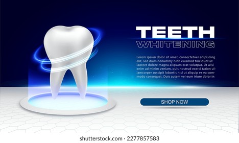 Laser teeth whitening futuristic style banner. White tooth in technological room on round pedestal illuminated by blue light. Artificial tooth implant concept. Innovative dentistry. 3D vector template