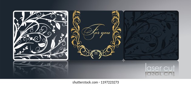Laser template for folding cards, invitations, through ornament, gold stamping. Card decor, stylized openwork pattern of flowers and branches. The image is suitable for laser cutting, cutting or