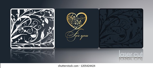 Laser template for folding cards, invitations, through ornament, gold stamping. Card decor, stylized openwork pattern of flowers and branches. The image is suitable for laser cutting, cutting or