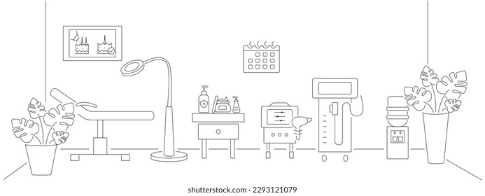 Lasertherapie-Gehäuse-Konzept.  Schönheitssalon-Zimmer. Kosmetischer Salon oder Klinik. Schönheitssalon mit Bett und anderen Geräten. Trendy Line Stil. Salon-Hintergrund. Vektorgrafik