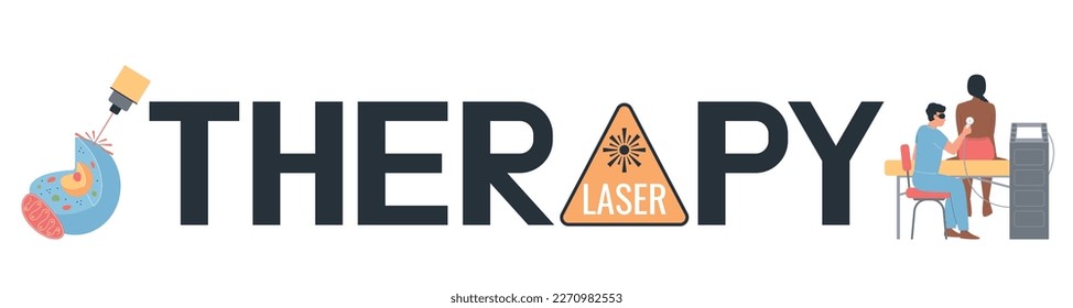 Laser therapy composition of flat text and laser radiation caution sign and people on blank background vector illustration