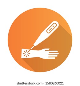 Laser therapy orange flat design long shadow glyph icon. Medical surgical procedure. Healthcare services. Cure disease, illness aid. Injury therapy. Destroy tumor. Vector silhouette illustration