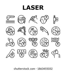 Laser Therapy Service Collection Icons Set Vector. Laser Removal Of Vascular Pathologies And Hair, Acne Treatment And Photorejuvenation Black Contour Illustrations