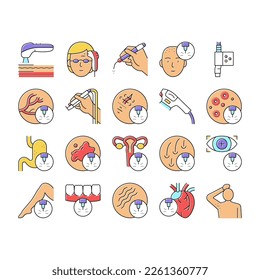 Laser Therapy Service Collection Icons Set Vector. Laser Removal Of Vascular Pathologies And Hair, Acne Treatment And Photorejuvenation Concept Linear Pictograms. Contour Illustrations