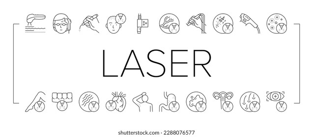 Laser Therapy Service Collection Icons Set Vector. Laser Removal Of Vascular Pathologies And Hair, Acne Treatment And Photorejuvenation Black Contour Illustrations