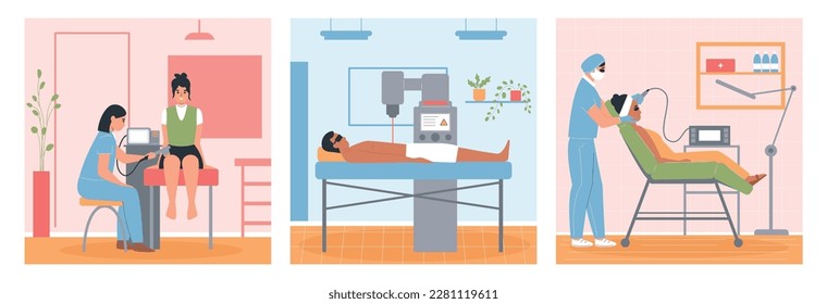 Laser therapy set of three square compositions with flat hospital interiors and characters of patients doctors vector illustration