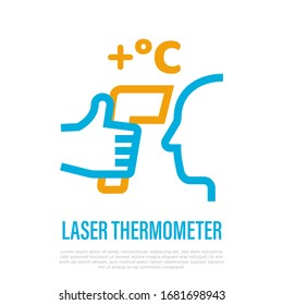 Laser thermometer for detection fever. Thin line icon. Hand holding thermometer near human face. Scan for coronavirus symptom. Healthcare and medical equipment. Vector illustration.