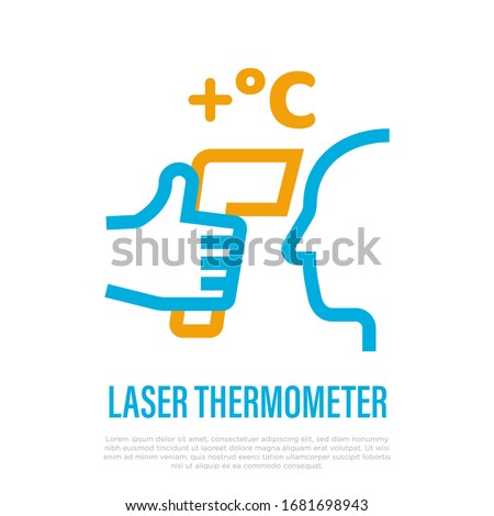 Laser thermometer for detection fever. Thin line icon. Hand holding thermometer near human face. Scan for coronavirus symptom. Healthcare and medical equipment. Vector illustration.
