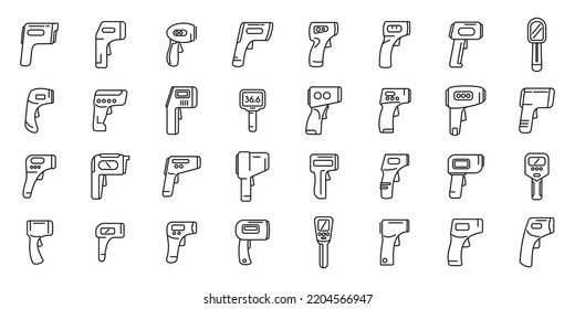 Los iconos del termómetro láser establecen el vector de contorno. Dispositivo de calor. Celsius corona