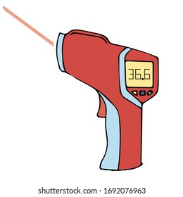 Laser thermometer, showing 36.6, human temperature meter, hospital element, coronavirus symptom manifestation, diseases from China, world pandemic. Vector illustrarion on white background, isolated. 