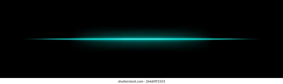 Laser. Feixe horizontal fino com brilho brilhante e bordas de gradiente suave. Composição linear simples cria efeito de energia futurista no fundo escuro.