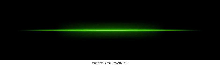 Laser. Feixe horizontal fino com brilho brilhante e bordas de gradiente suave. Composição linear simples cria efeito de energia futurista no fundo escuro.