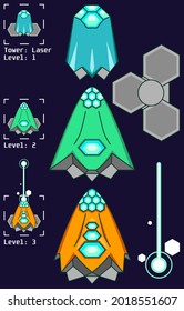 Laser Tower Assets or Sprite Sheet for Tower Defense Game, Levels 1 to 3, Top-down camera view