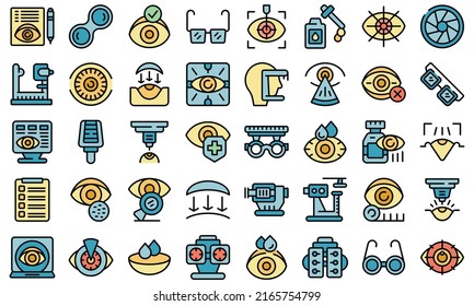 Laser vision correction icons set outline vector. Surgery refractive. Beam eye thin line color flat on white