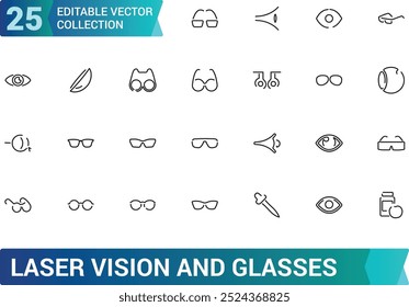 Visão a laser e coleção de ícones de linha de óculos, Incluído Olho laser, Cuidado, Sunglass e muito mais, Conjunto de ícones de traçado editável, Pixel perfeito, ilustração vetorial.