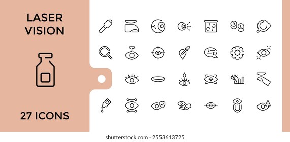 Laser Vision line icons set. Related to delivery, vision, yummy smi, eye laser, lasic, hospital, beam and more. Thin outline icons pack. Vector icons editable stroke.