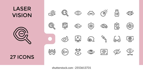 Laser Vision line icons set. Related to delivery, vision, yummy smi, eye laser, lasic, hospital, beam and more. Thin outline icons pack. Vector icons editable stroke.