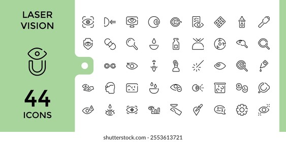 Laser Vision thin line icon set. Contains related to pharmacy, sight, pay, medical, hand and more. Thin UI icon design. Editable stroke.