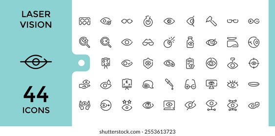 Laser Vision thin line icon set. Contains related to pharmacy, sight, pay, medical, hand and more. Thin UI icon design. Editable stroke.