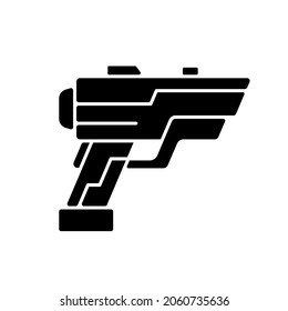 Laser-Waffe schwarze Glyphe Symbol. Luftgewehr. Beam Pistole. Dystopischer Krieg. Cyberpunk-Film, Science-Fiction-Spiel. Futuristische Technologie. Silhouette-Symbol auf weißem Raum. Vektorgrafik einzeln